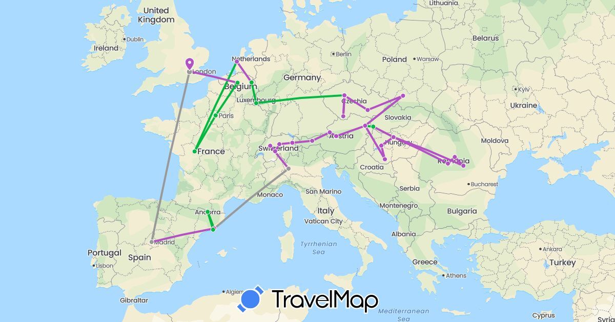 TravelMap itinerary: driving, bus, plane, train in Andorra, Austria, Belgium, Switzerland, Czech Republic, Spain, France, United Kingdom, Hungary, Italy, Liechtenstein, Luxembourg, Netherlands, Poland, Romania, Slovakia (Europe)