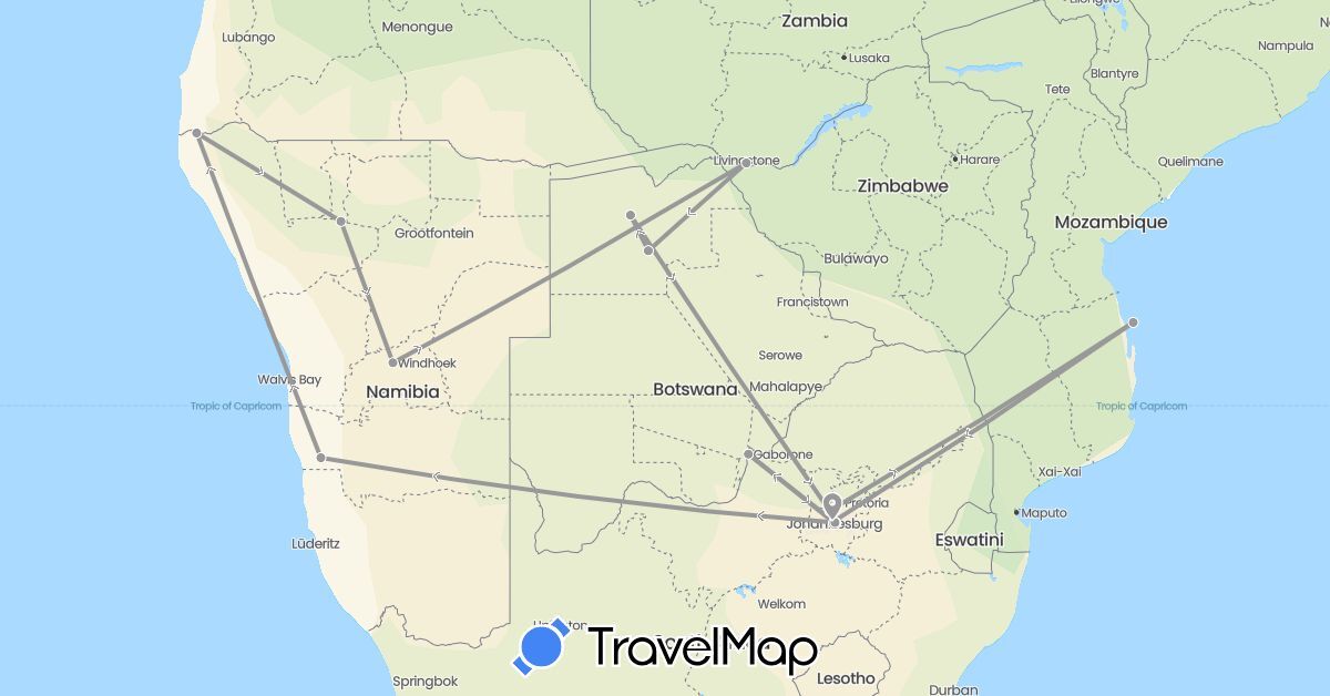 TravelMap itinerary: driving, plane in Botswana, Mozambique, Namibia, South Africa, Zambia (Africa)